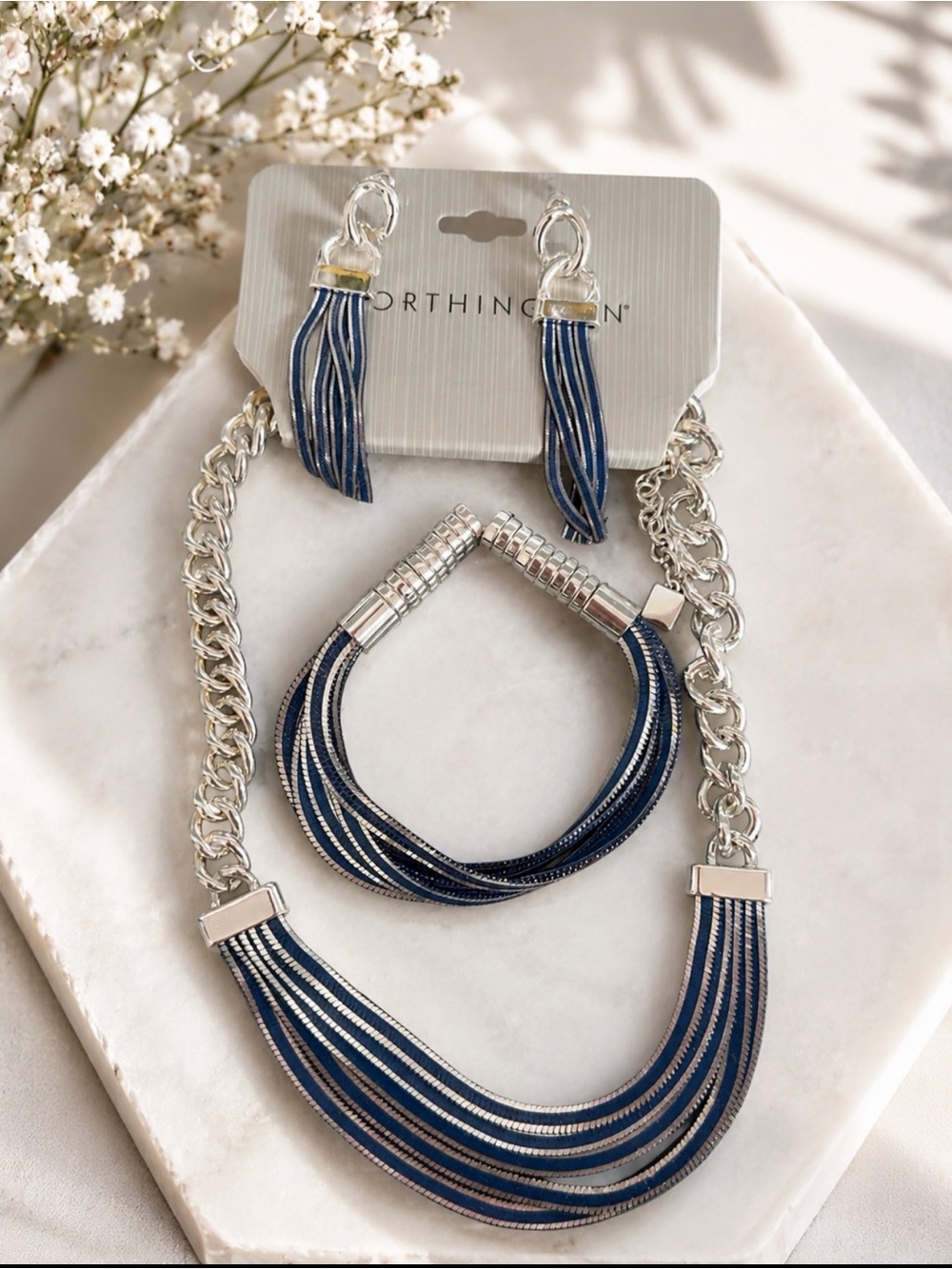 Worthington Navy and Silver Multi-Strand Necklace, Bracelet & Tassel Earring Set